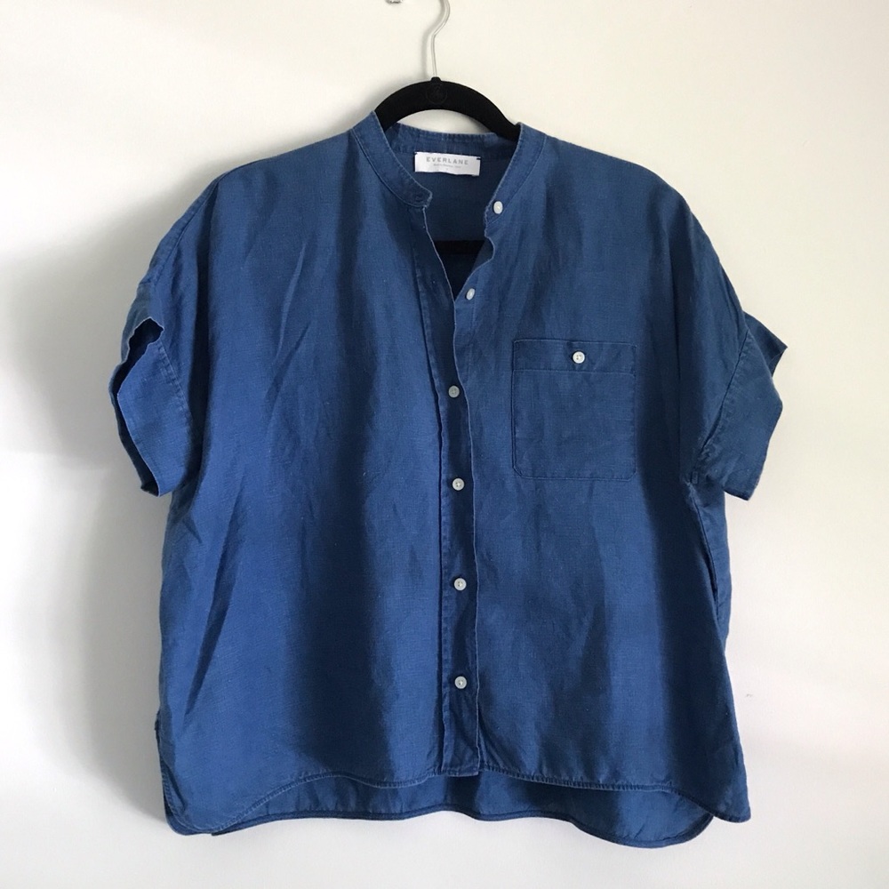 Everlane Linen Collarless Square Shirt in Indigo